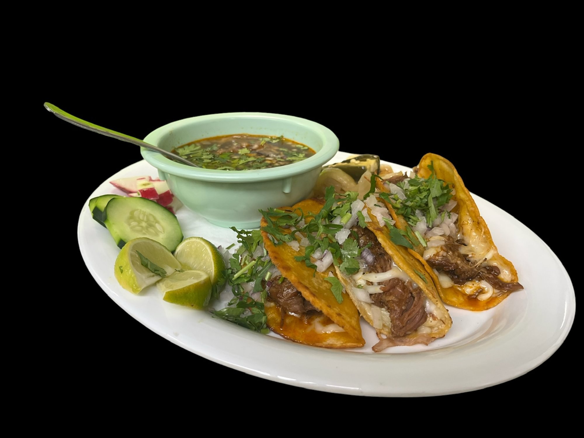 3 Quesabirria Tacos R, B&Consome