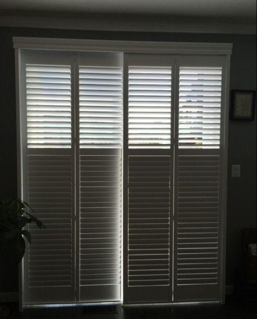 Bi-Fold Plantation Shutters by Budget Blinds of Fairfax aren't just for windows. Create privacy while making a dramatic design statement, like on these french doors.  BudgetBlindsFairfax  ShutterAtTheBeauty  FreeConsultation  WindowWednesday  Bi-FoldShutters