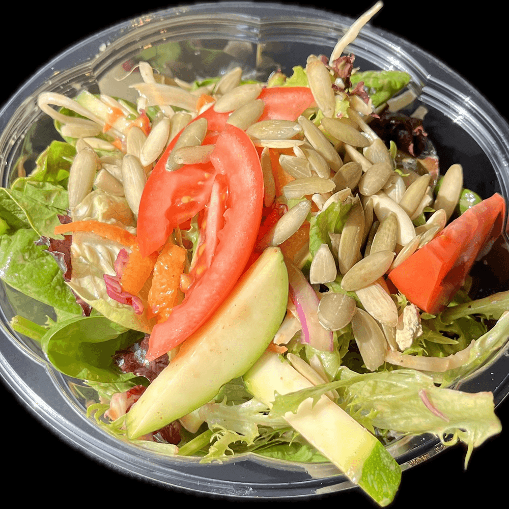 Greens and Cabbage, Mixed Greens, Cabbage, Garbanzos, Carrots, Zucchini, Tomatoes, Pomegranate Dr...