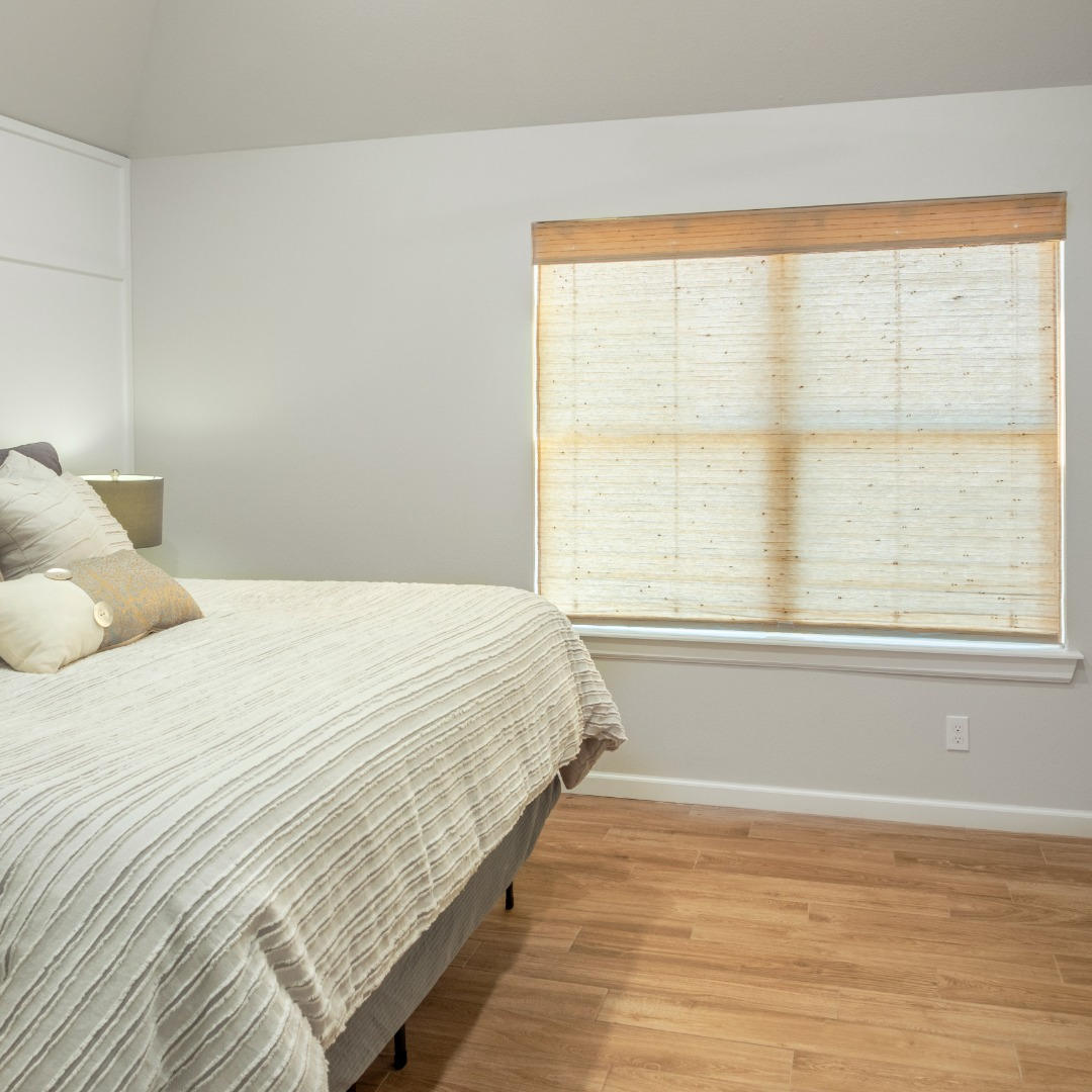 Add a touch of texture to your room with woven wood shades. These eco-friendly shades contribute a neutral tone and add warmth to your space, visually tying together the design. Plus, these shades let in just the right amount of light, no matter what time of day!  BudgetBlindsPointLoma  WovenWood