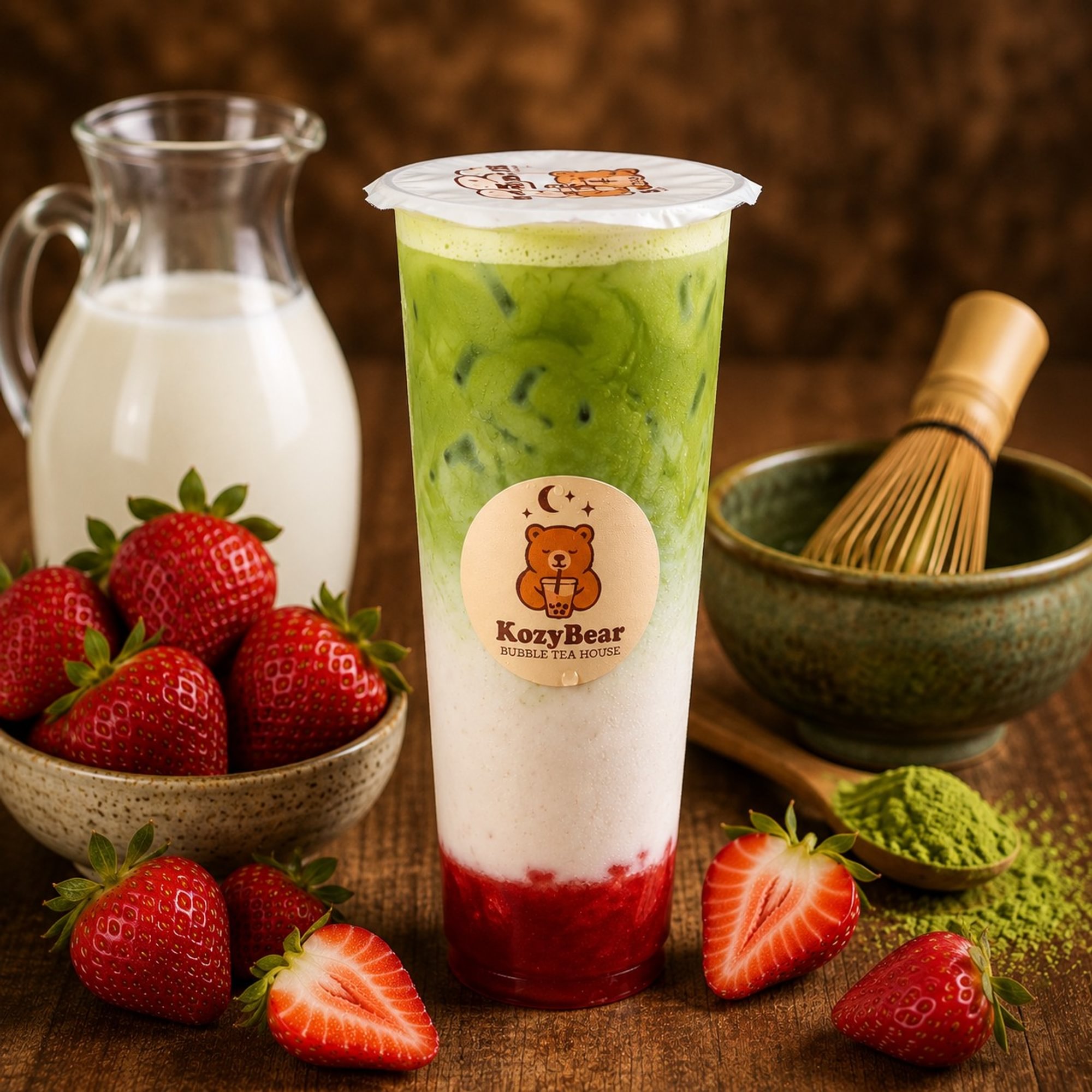 Strawberry Bear Matcha Latte