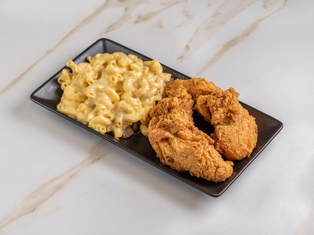 Fried Tender Over Mac & Cheese