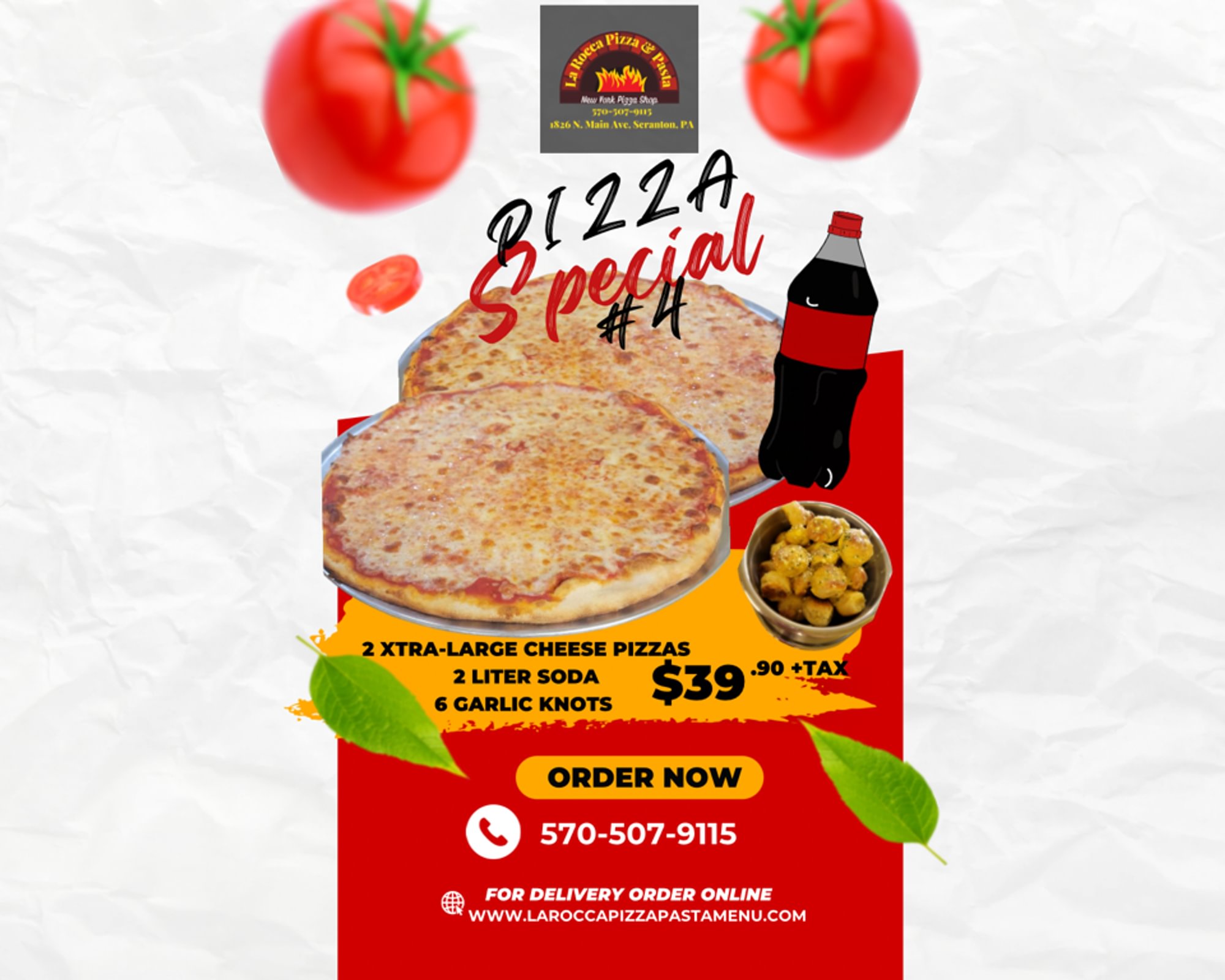 Pizza Special#4. 2 X-Large Cheese Pizzas, Order of Garlic Knots & Soda