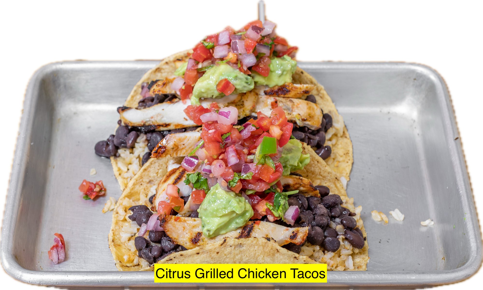Pollo Asado Tacos, Mexican Brown Rice, Black Beans, Avocado Hummus, Pico de Gallo