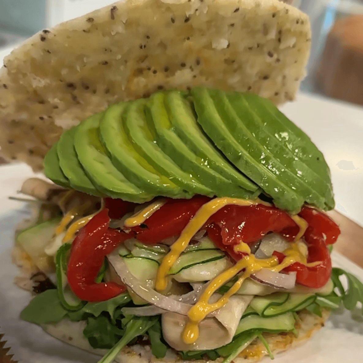 VEGAN Arepa (Zucchini Avocado Red Pepper Eggplant Dried Tomato Pesto Mustard)