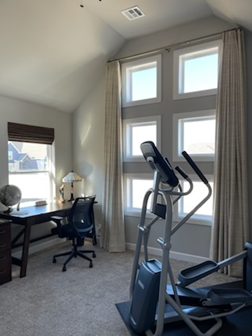 Working out or hardly working? Either way, this home office from Catoosa features a fitness twist-plus plenty of shade to stay cool thanks to our Drapes!  BudgetBlindsOwasso  CatoosaOK  CustomDraperies  FreeConsultation  WindowWednesday