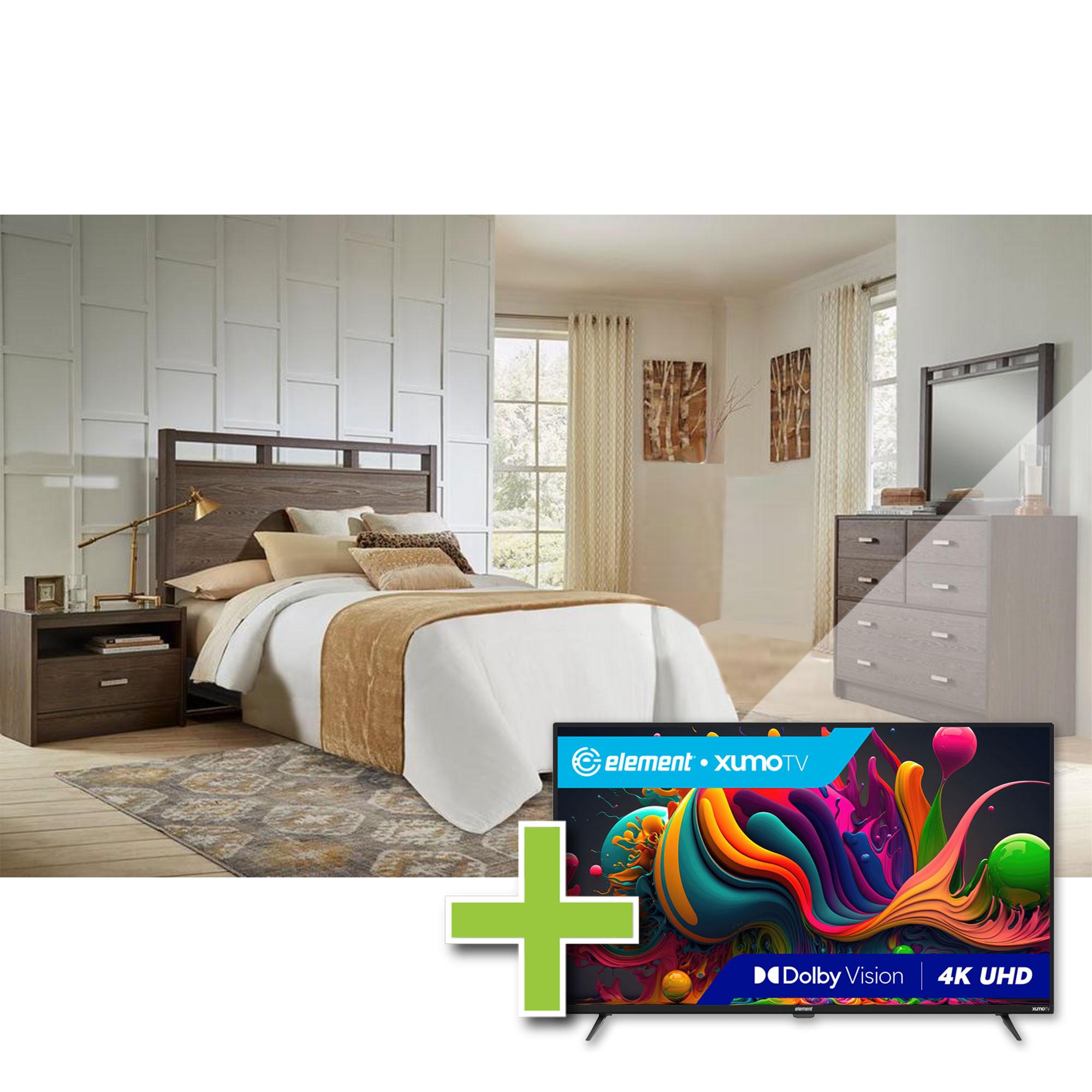 Queen Tobak Bed w/Element 50" TV, Dresser, Mirror, Nightstand