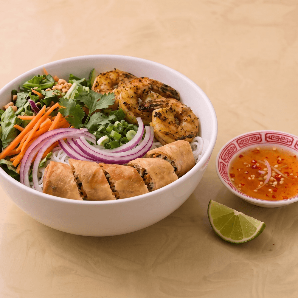 Grilled Shrimp and Egg Roll Vermicelli Bowl