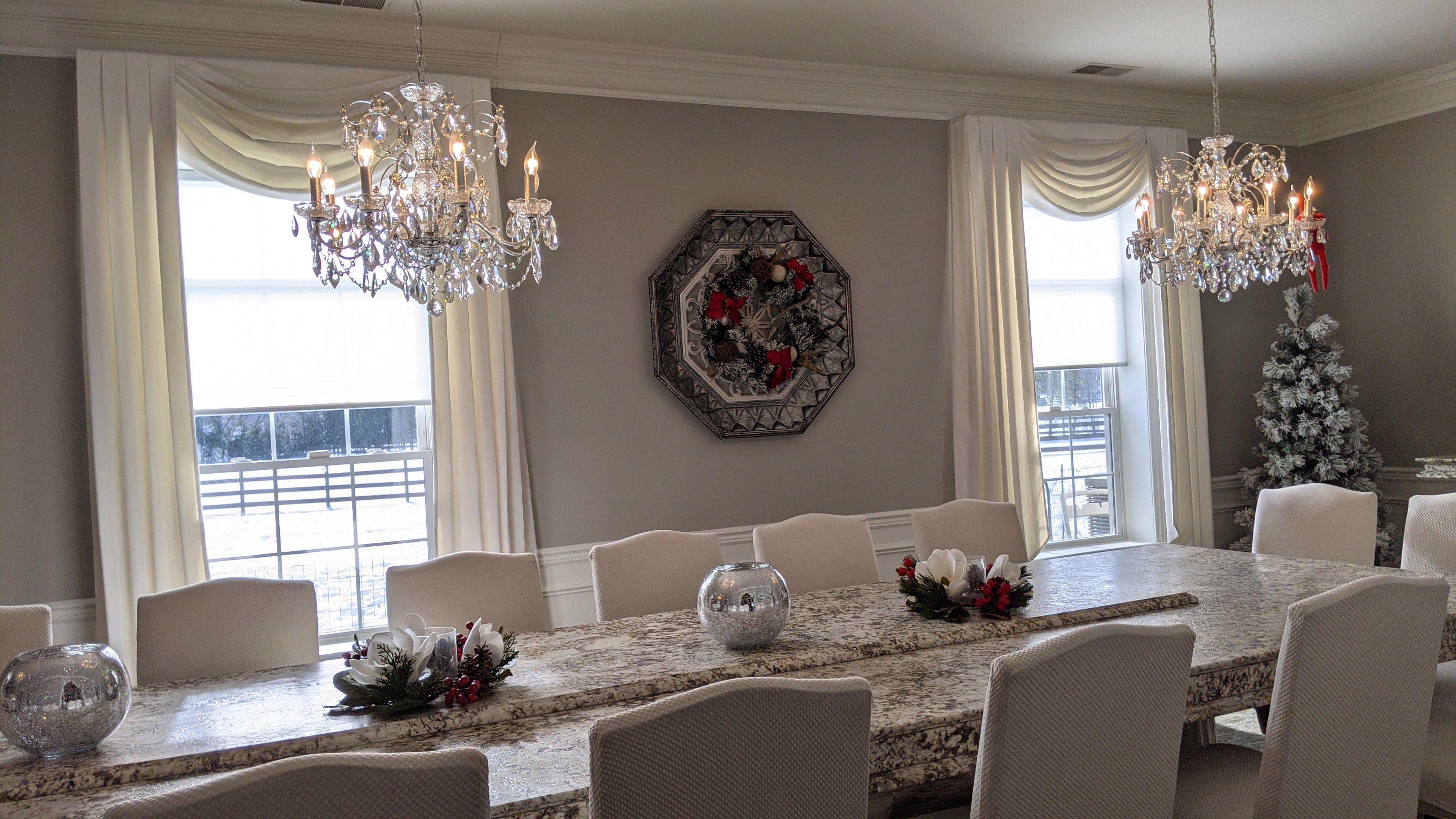 Sheer Pleated shades with board mounted with board mounted drapery panels in the dining room. Colts Neck, NJ