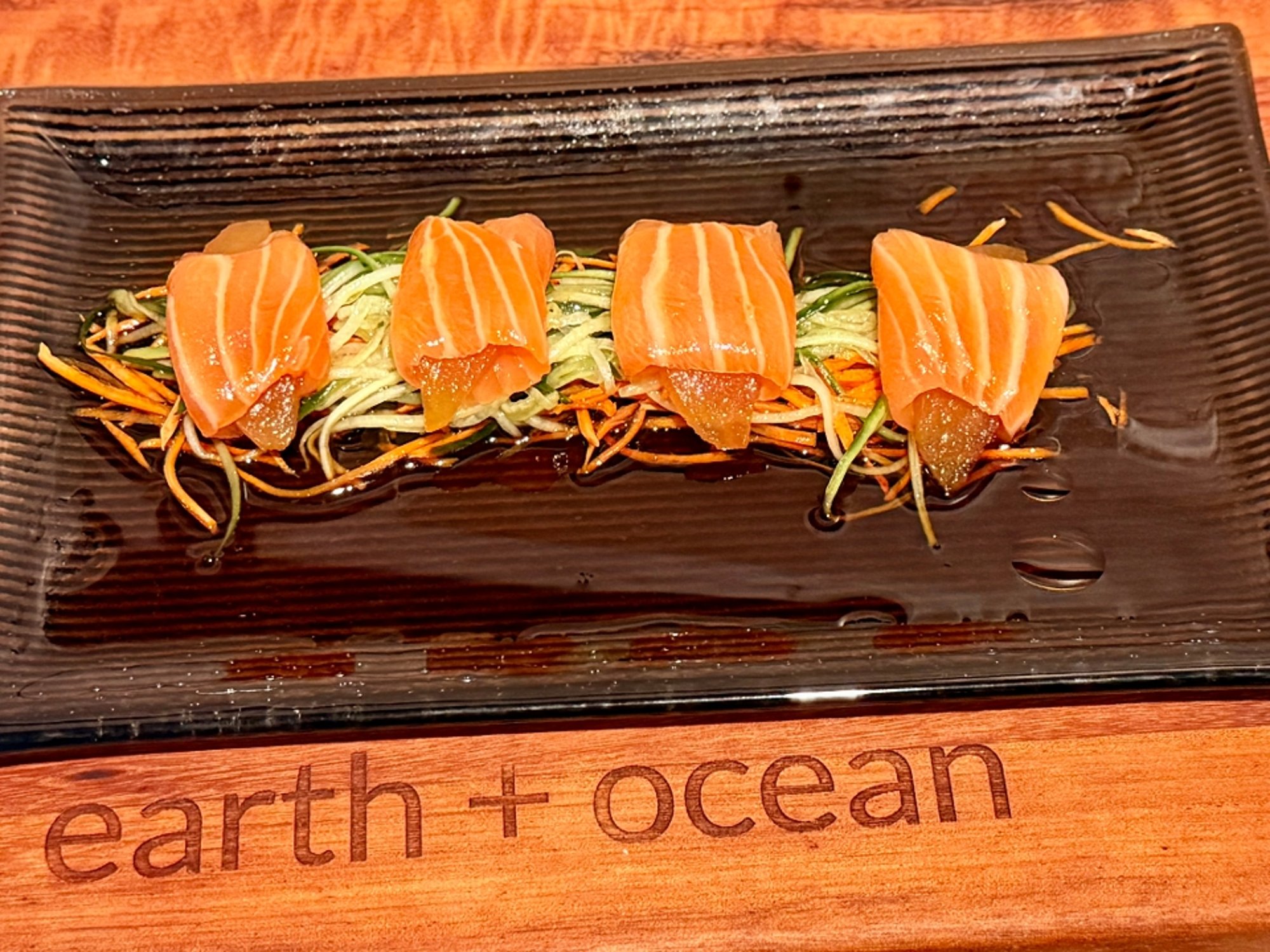 Poached Pear wrapped in thin, sliced salmon
