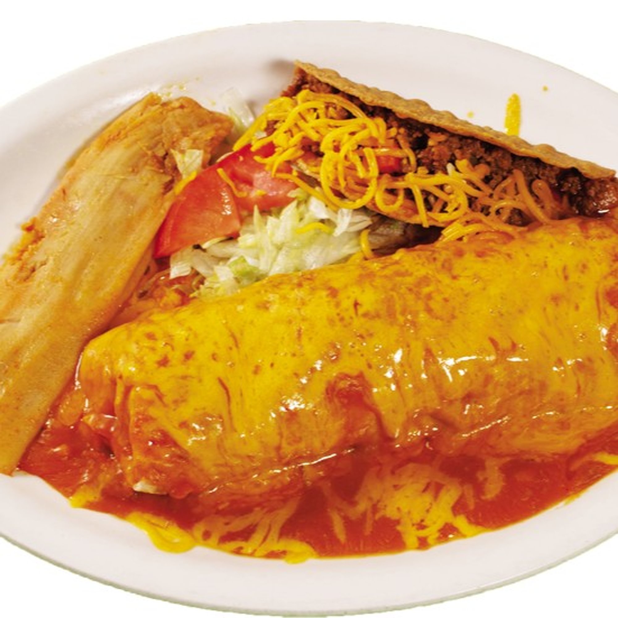 45. 1 Chicken Burrito, Covered with Gravy and Cheese, 1 Tamale and 1 Crispy Beef Taco