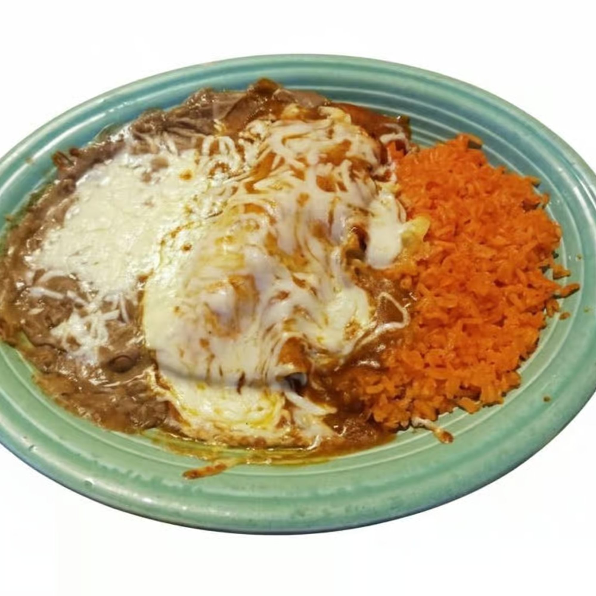Two Chicken Enchiladas with Lettuce, Sour Cream, Rice & Beans