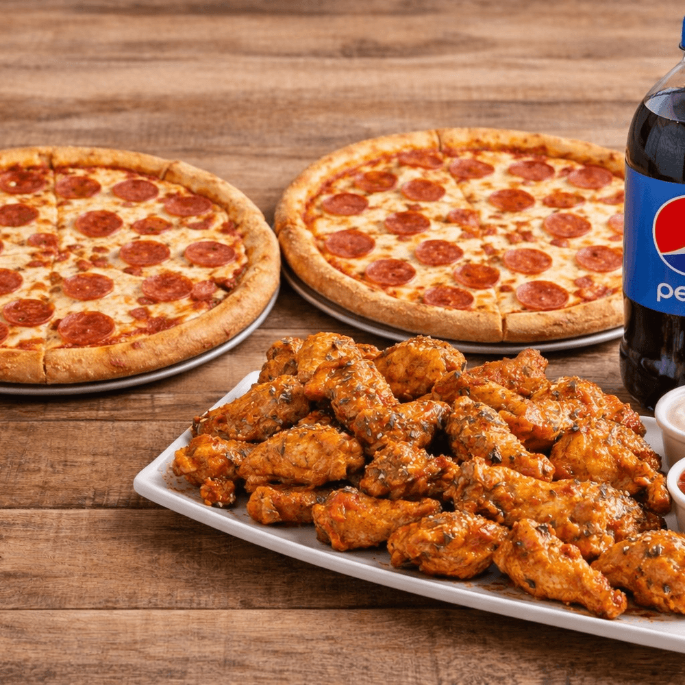 Two Large 16" Pizzas, 25 Wings & 2 Liter Soda Special
