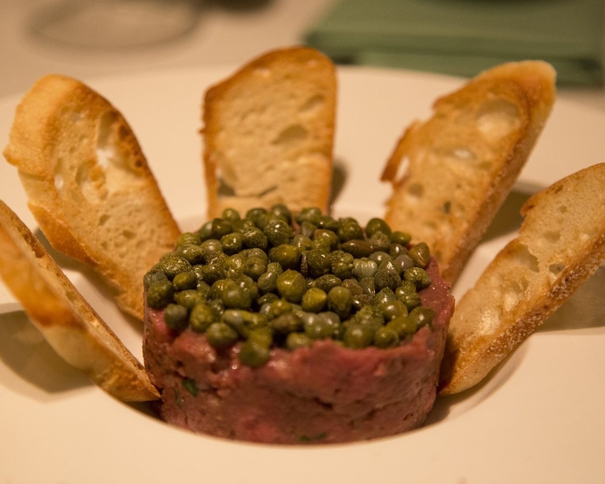 Petite Steak Tartare with Crouons and Raw Egg