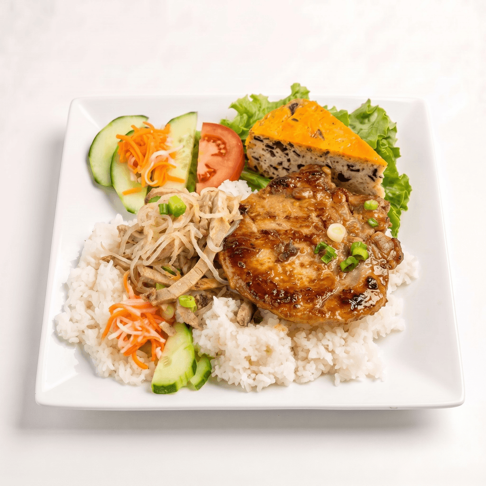 56. Grilled Pork Chop, Shredded Pork, Baked Egg Loaf on Broken Rice Plate
