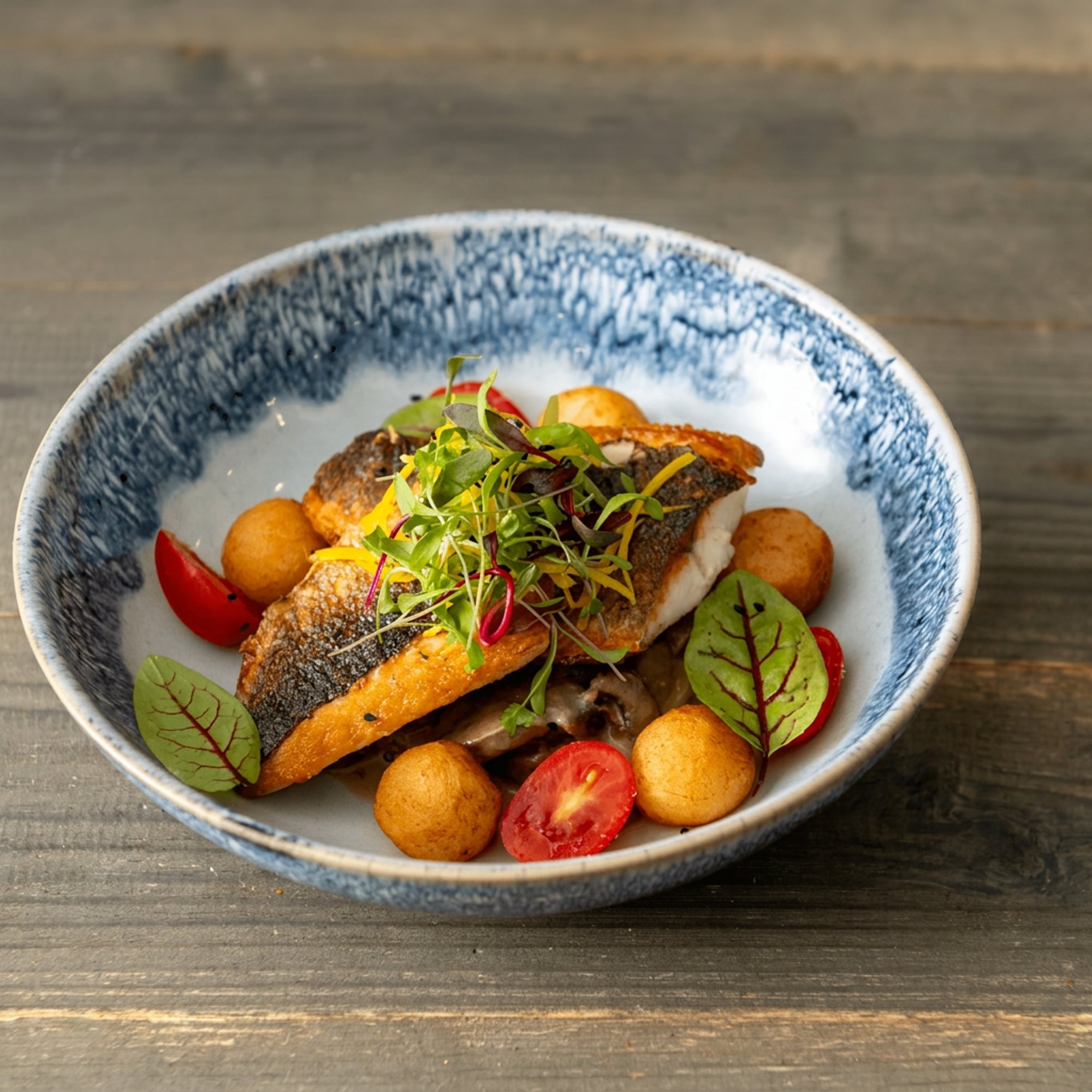 Branzino with Creamy Mushrooms