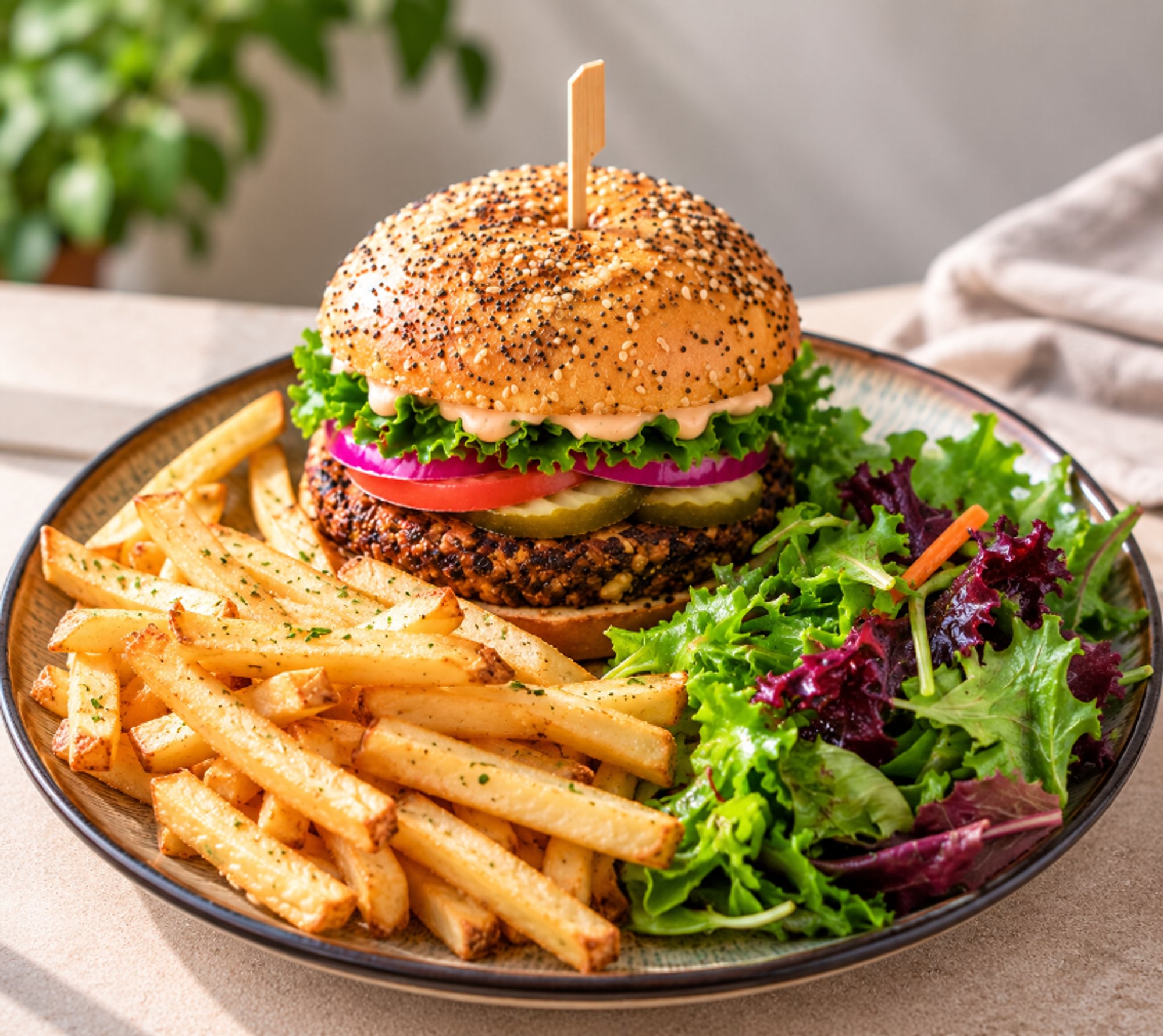 Gluten Free Vegan Burger with Fries & Side Salad