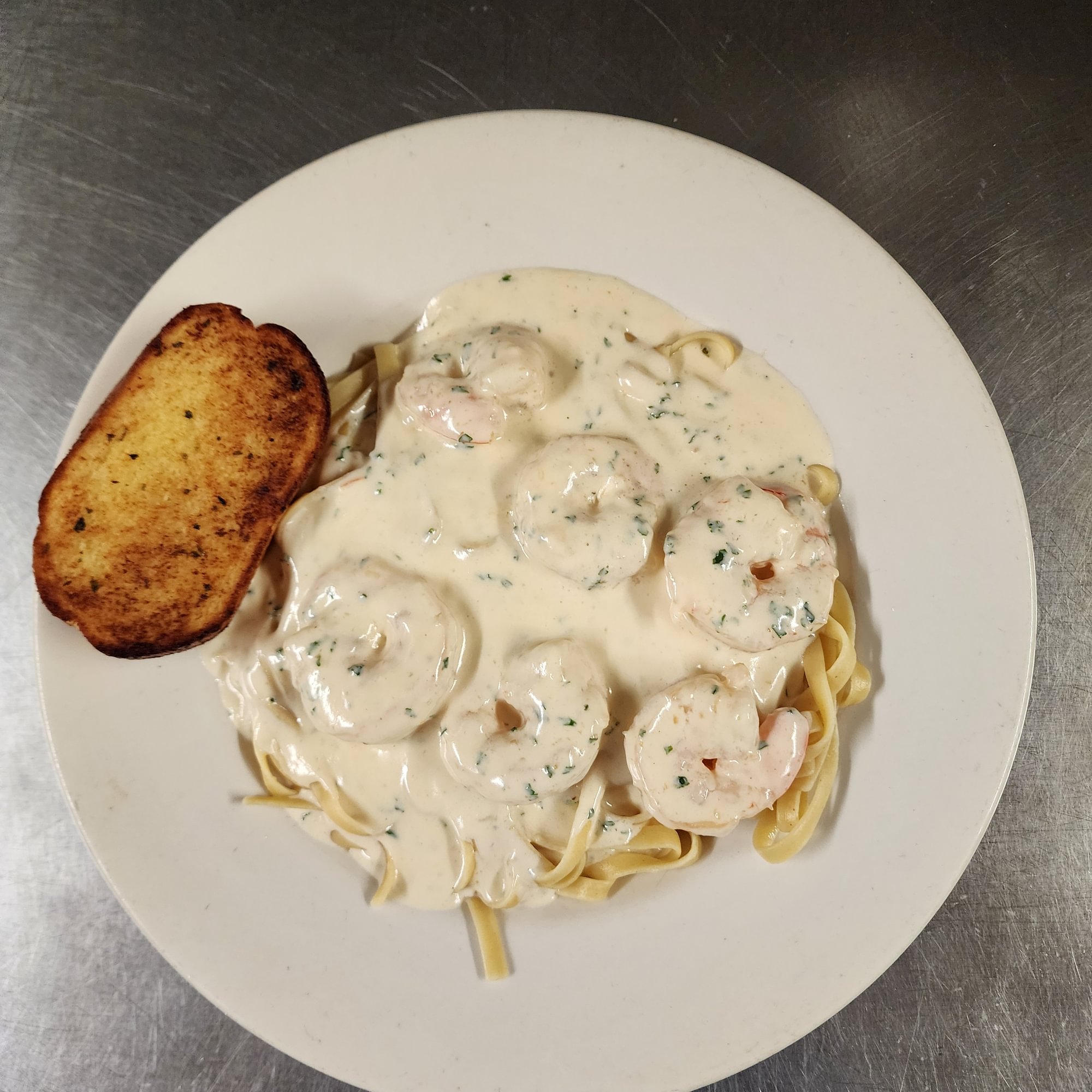 Shrimp Fettuccine Alfredo with Salad and Garlic Bread