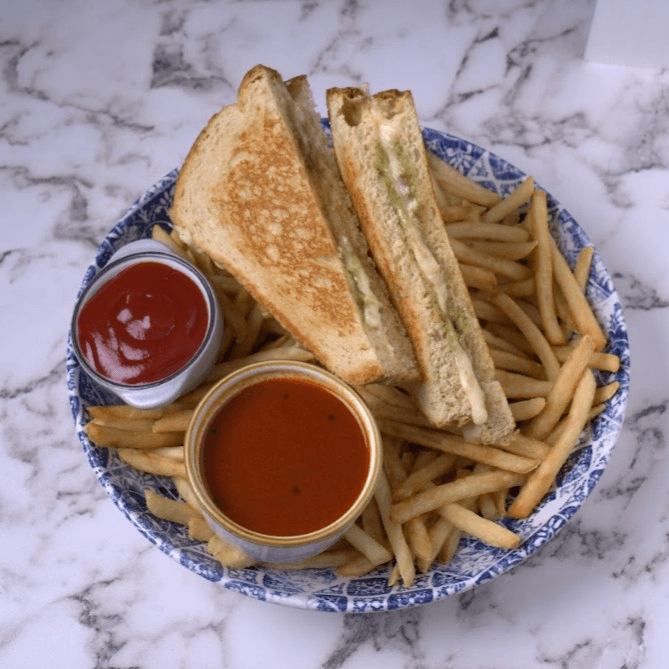 Grilled Cheese with Tomato Rasam (Soup)