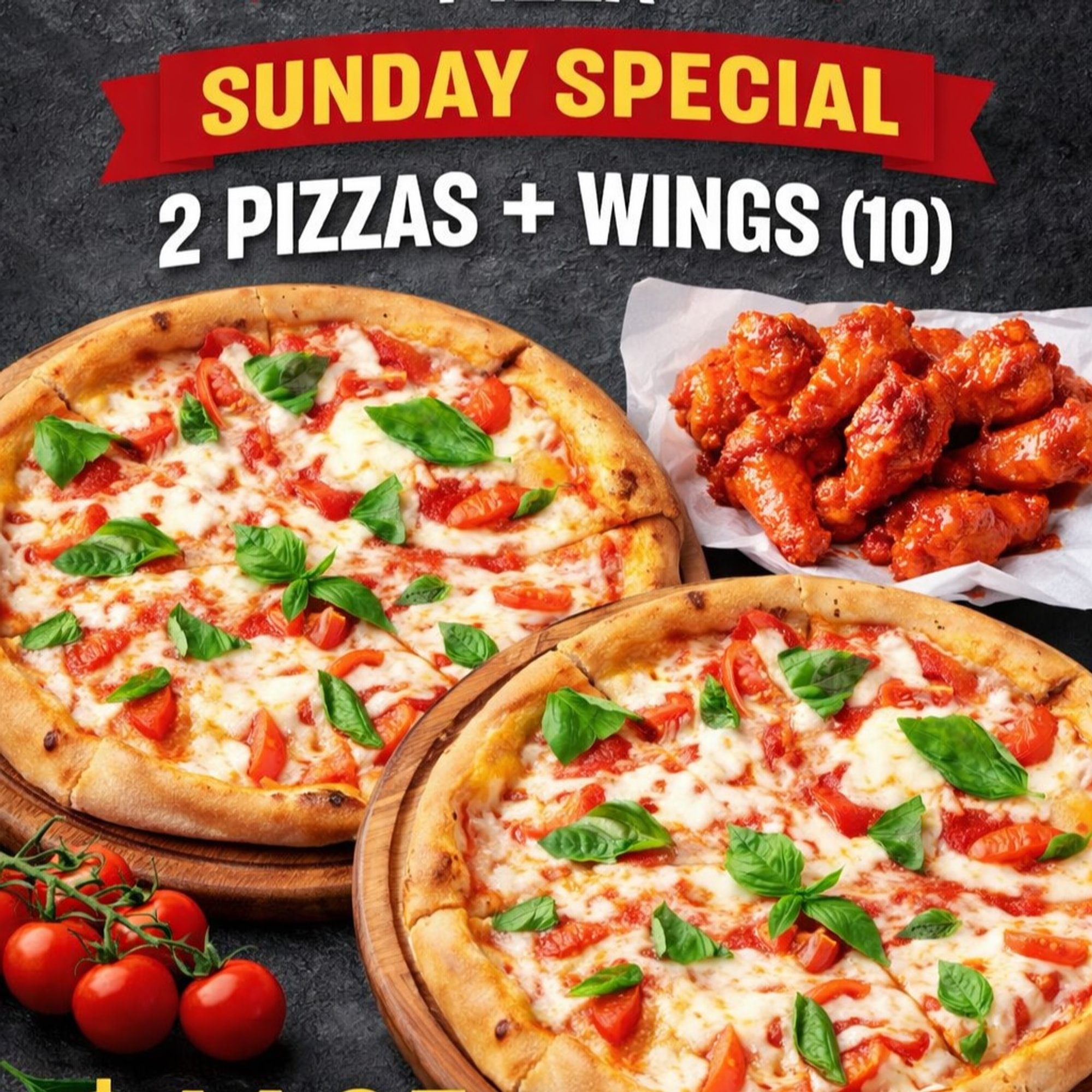 2 Pizzas + Wings (10)