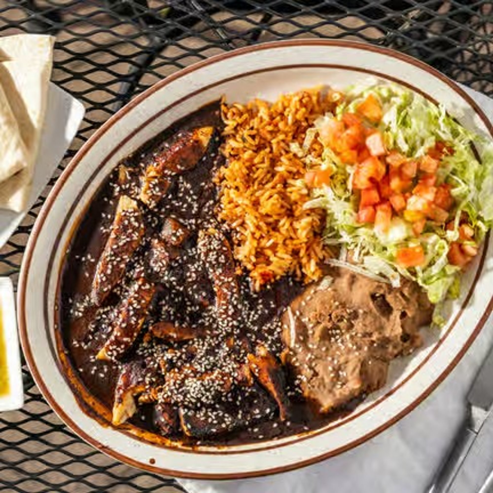 Chicken Mole Enchilada Plate