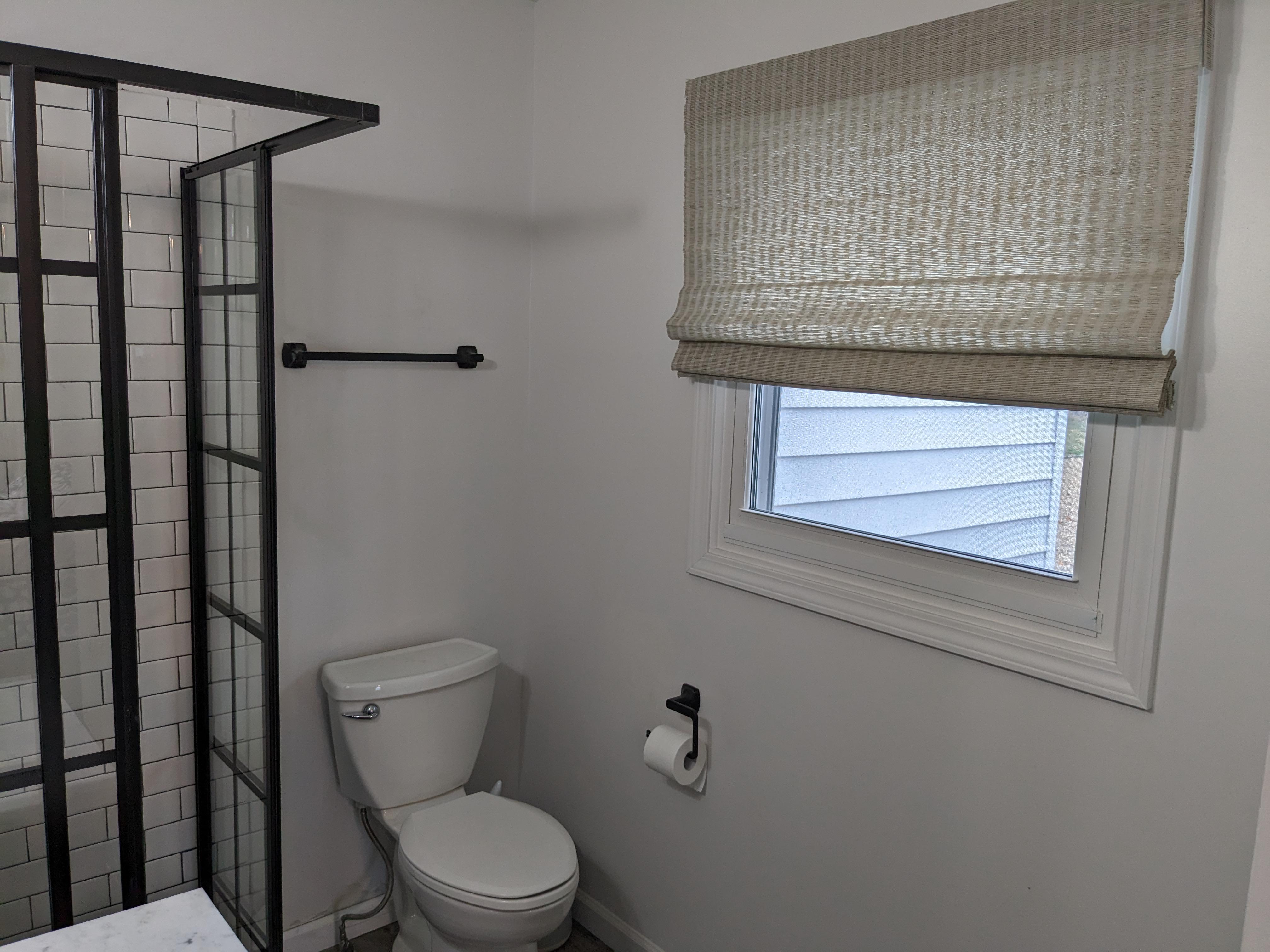Cordless, light filtering natural shade in bathroom.  BudgetBlinds  WindowCoverings  Shades  NaturalShades  SpringfieldIllinois