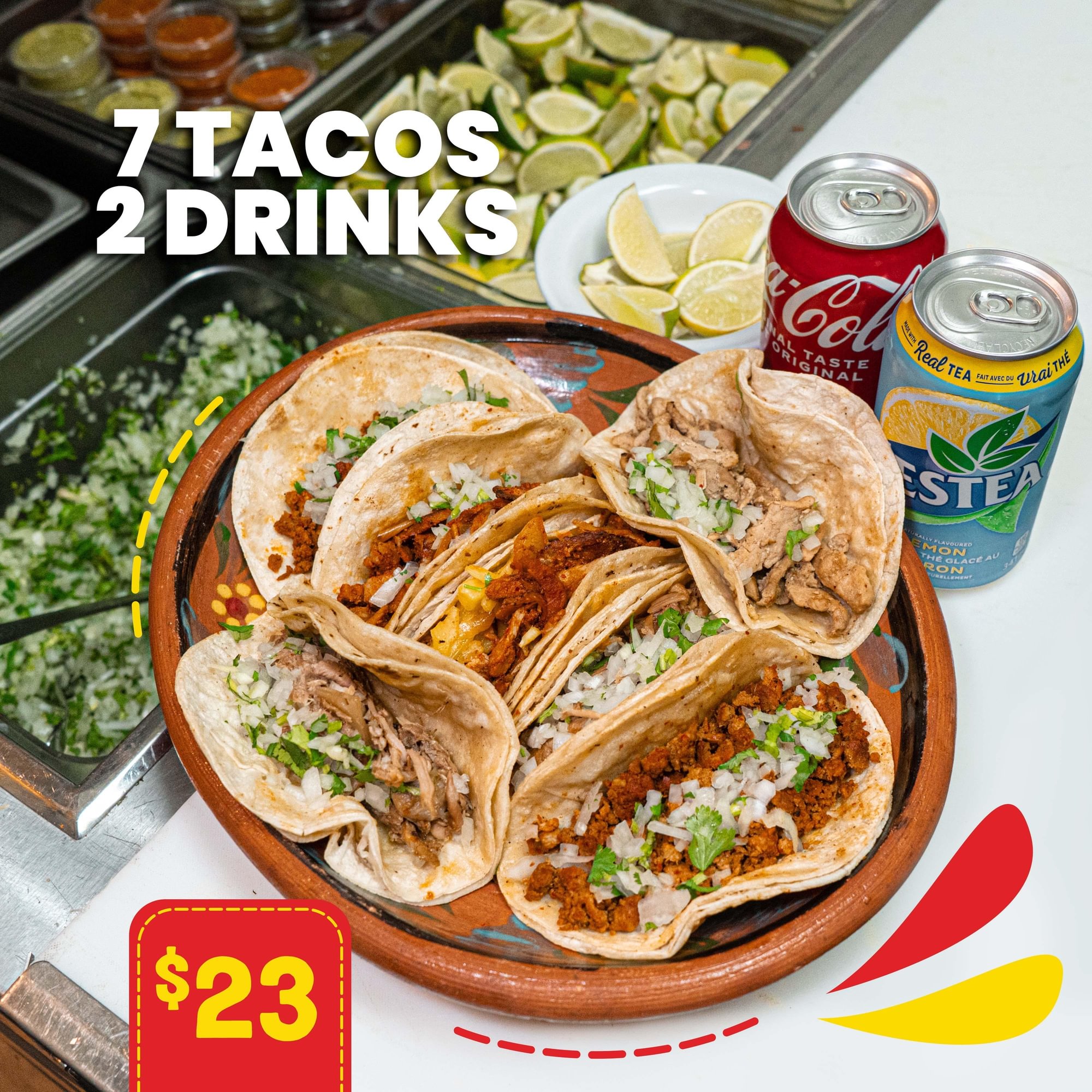 7 Tacos + 2 Can Pops | 7 Tacos + 2 Refrescos en Lata