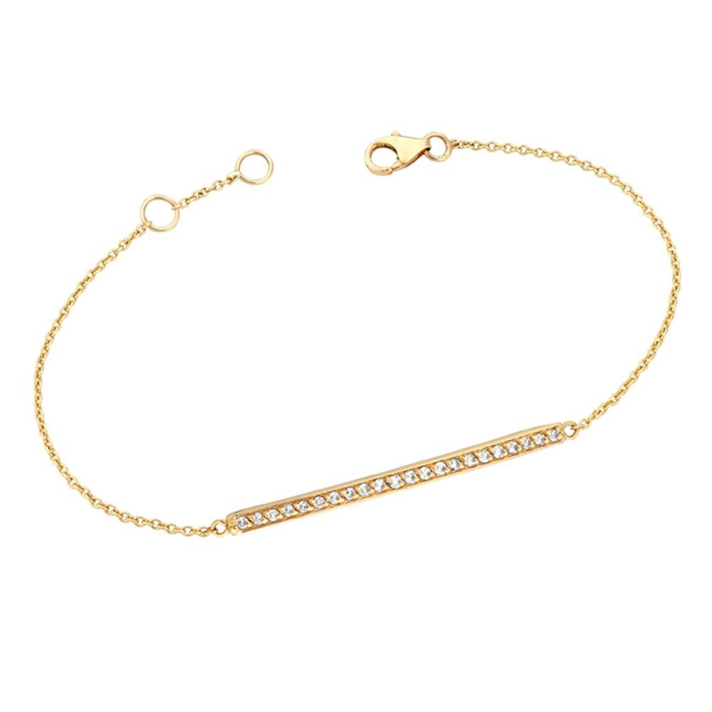 Sophisticated and elegant look. diamonds bar bracelet. 14k yellow gold and diamond long bar bracelet on cable. 0.22 ct tw and 2 loops for different sizes. Lobster lock closer, Great look.