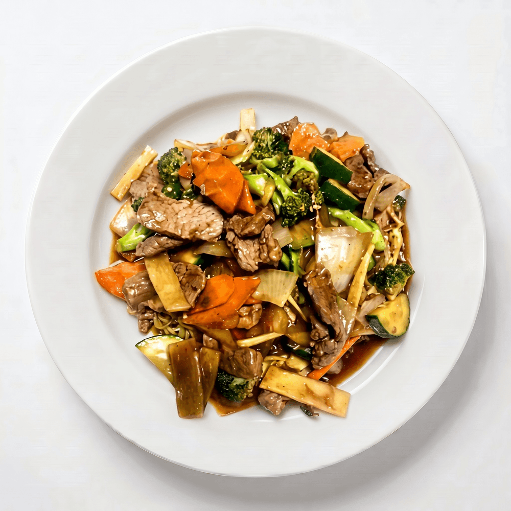 Stir-Fried Beef & Vegetables on Top of Egg Noodles or Rice Noodles