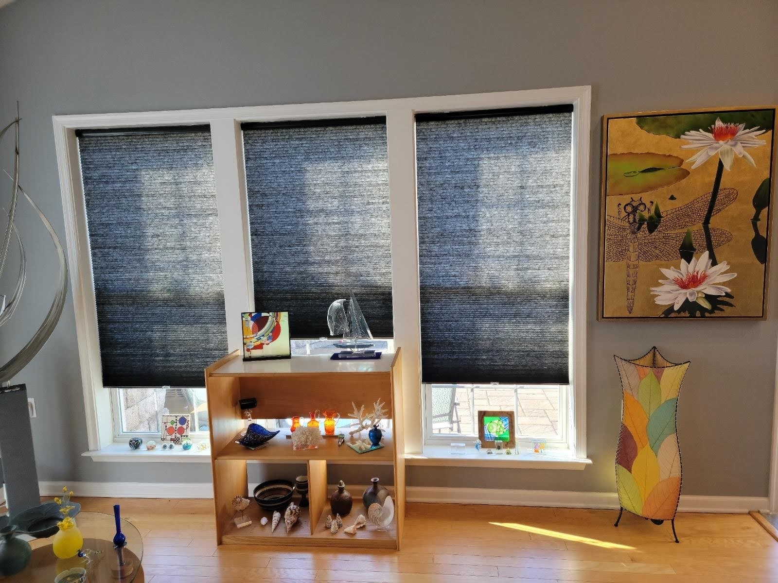 Light filtering Honeycomb shades in living room in Farmingdale, NJ