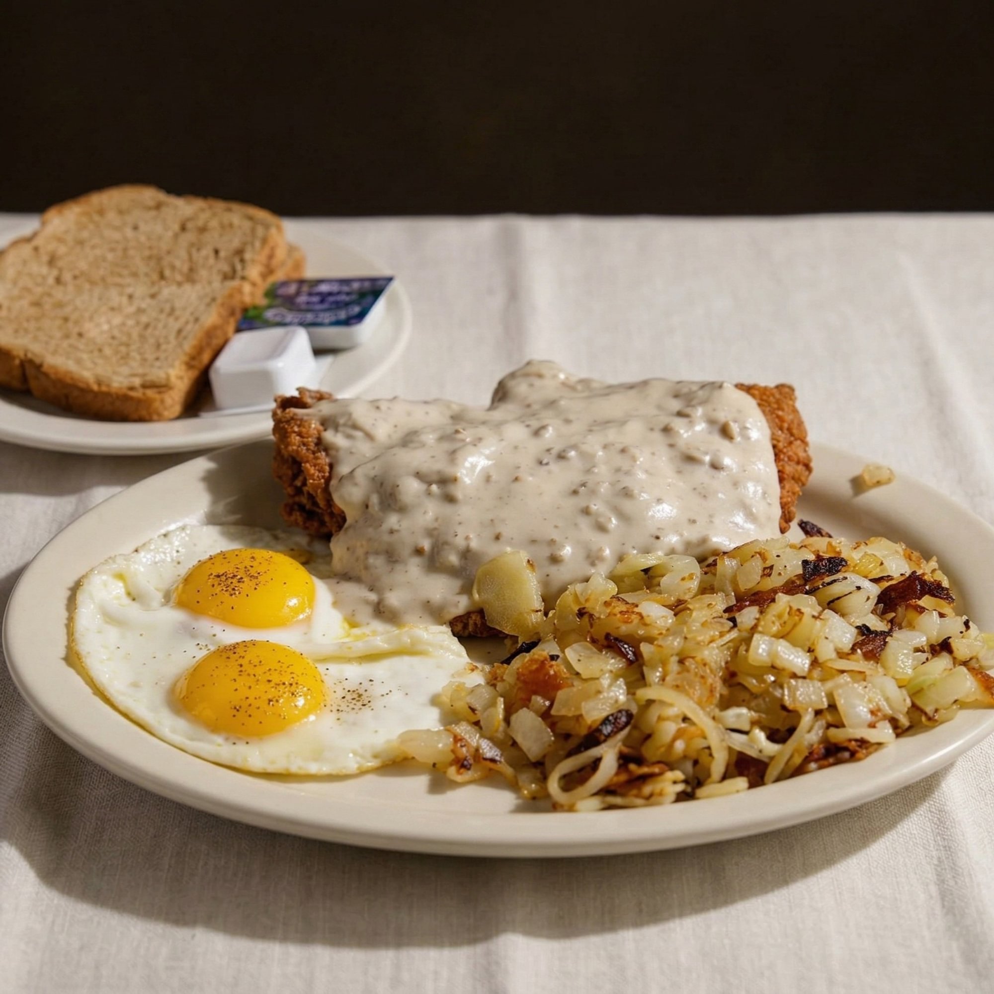 Country Fried Steak, With 2 Eggs Home Fries, topped With Sausage Gravy & Toast