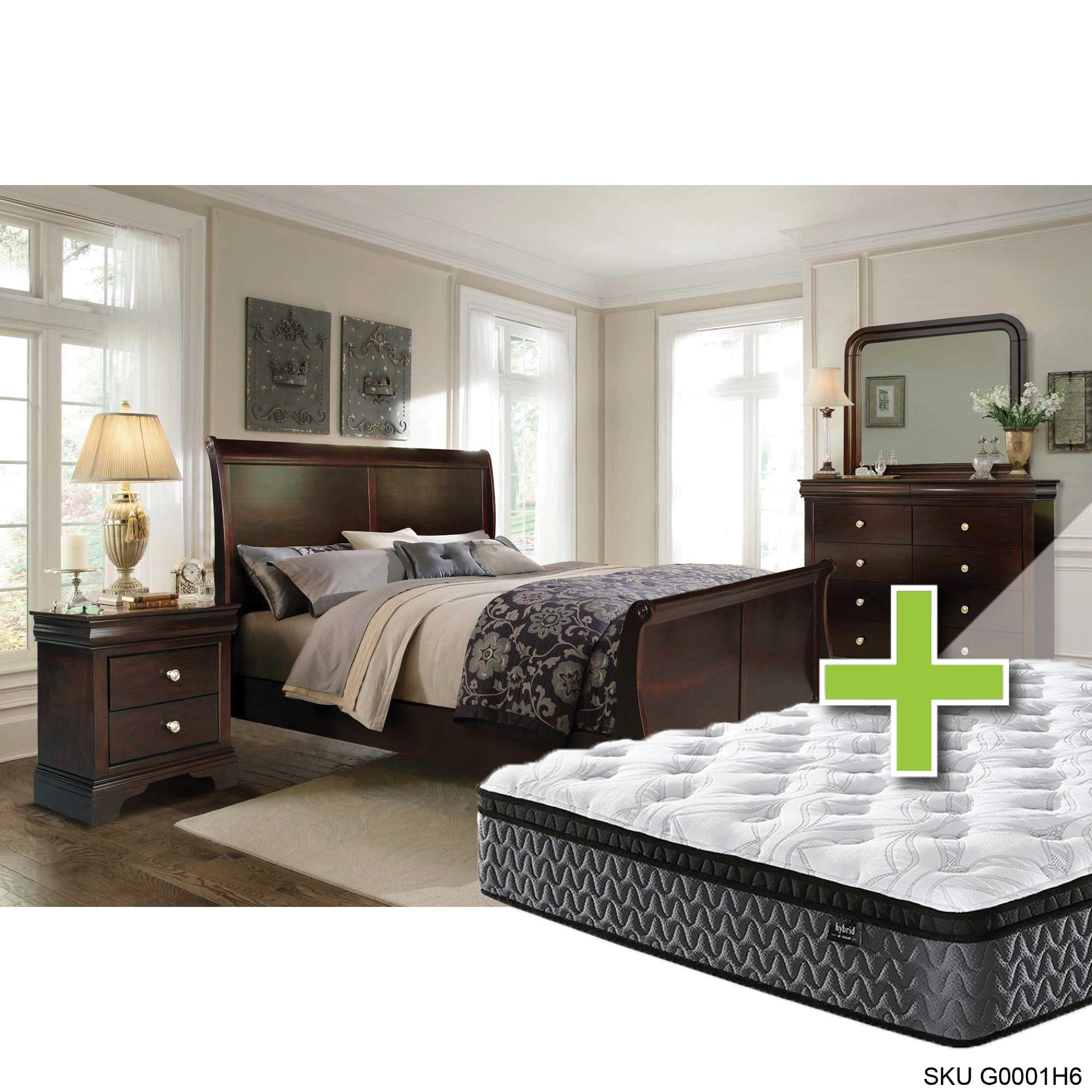 Queen Dominique Bed w/Highland Premium Pillowtop Plush Mattress & Dresser, Mirror, Nightstand