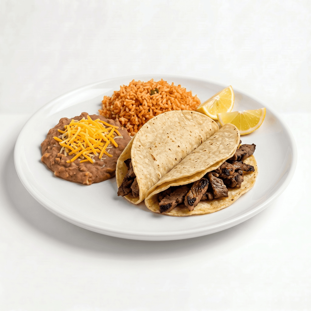 Combo #13- 2 Carne Asada Tacos with Rice & Beans