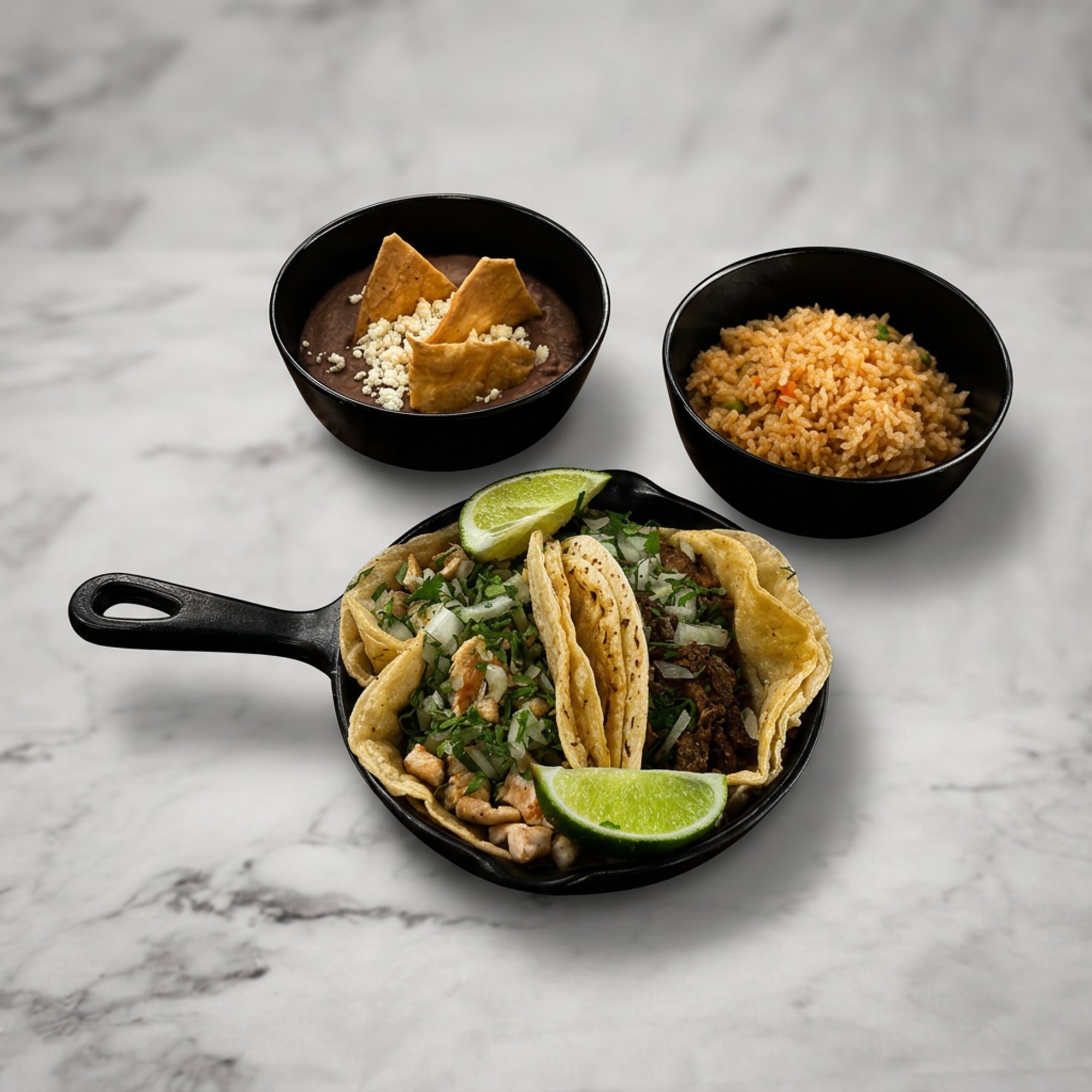 2 Pork Tacos + Rice & Beans | 2 Tacos de Cerdo + Arroz y Frijoles