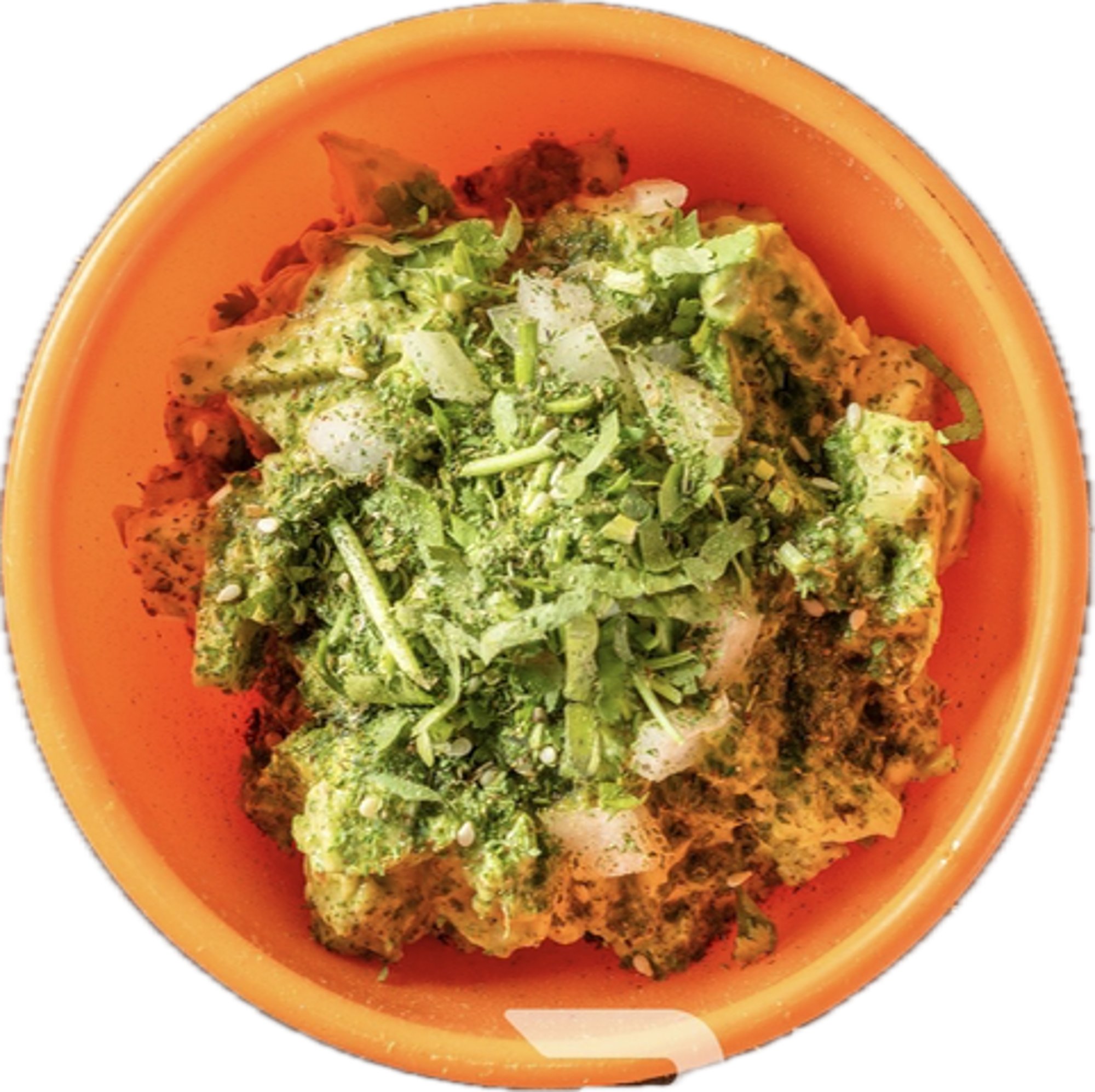 Chunky Avocado Hummus, Our Guacamole, Cilantro, Onions, Zatar, Zhoug sauce, Pita chips