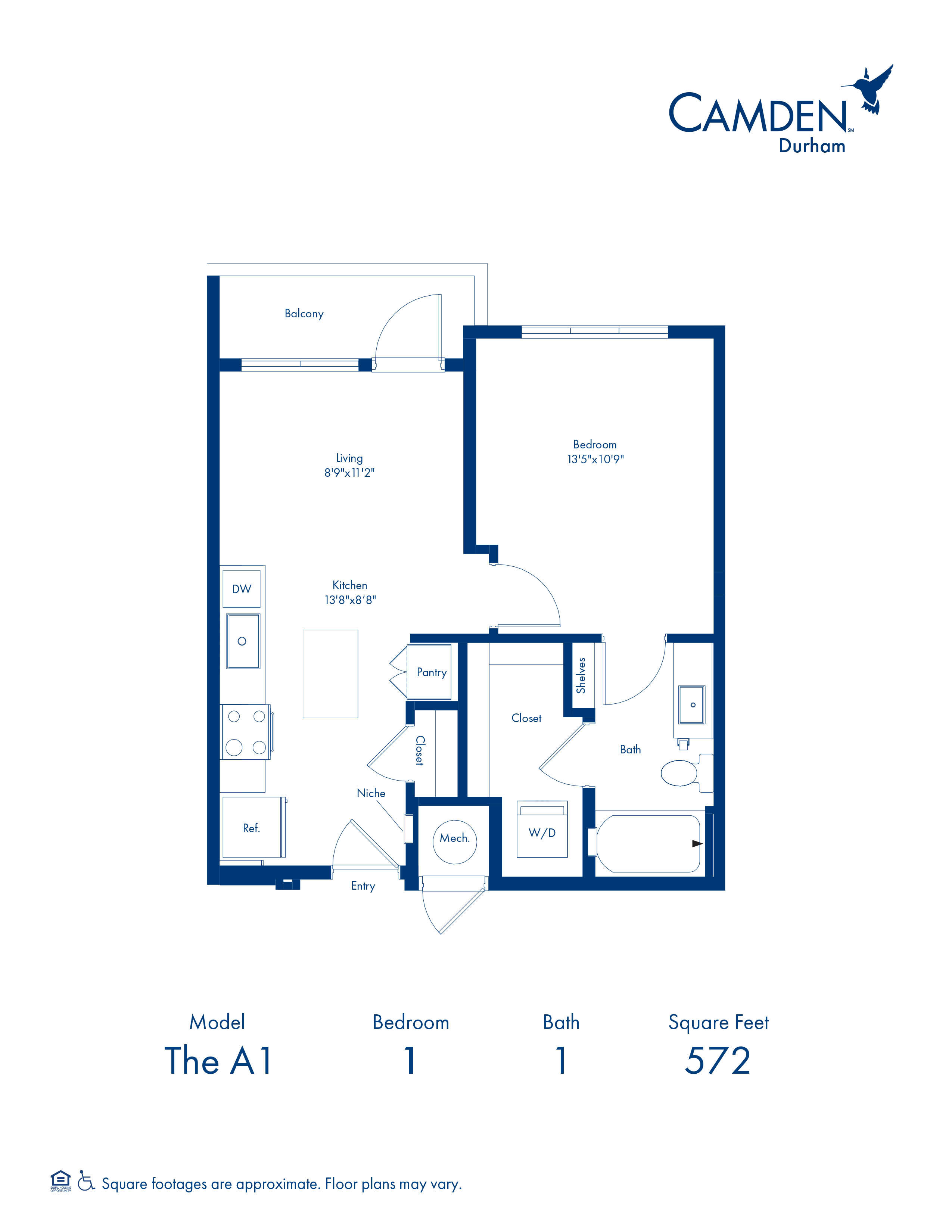 A1 Floor Plan with 1 Bedroom and 1 Bathroom at Camden Durham in Durham, NC