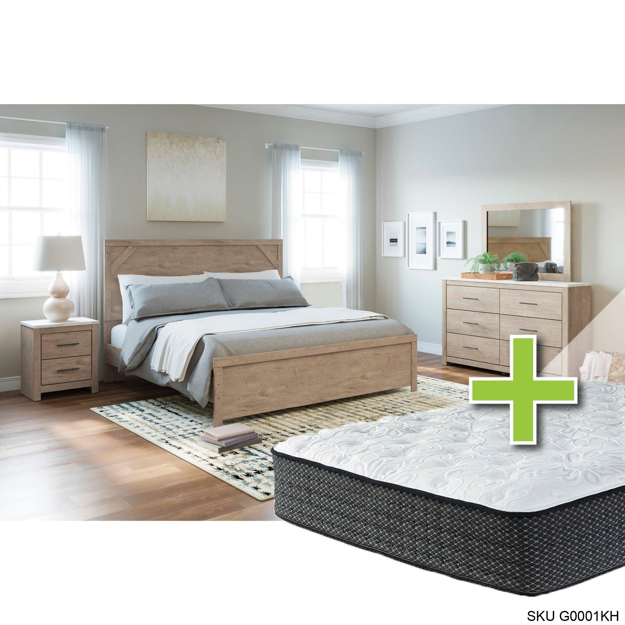 Queen Senniberg Bed w/Alpine Elite Tight Top Med. Mattress & Dresser, Mirror, Nightstand