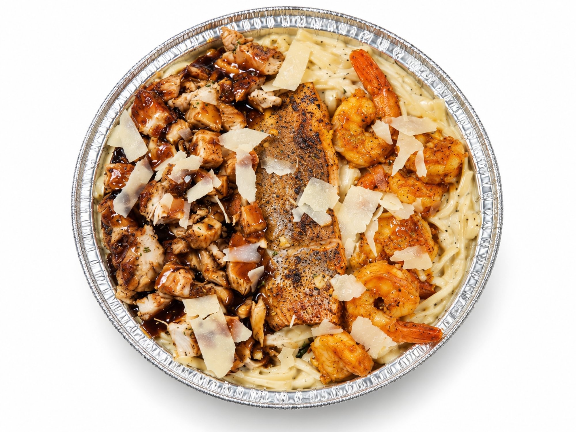 Jerk Chicken, Shrimp & Salmon Alfredo