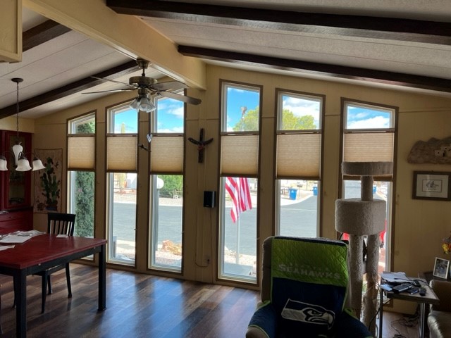 Cellular shades mounted to Palladian Shelves in each window.  Green Valley, AZ