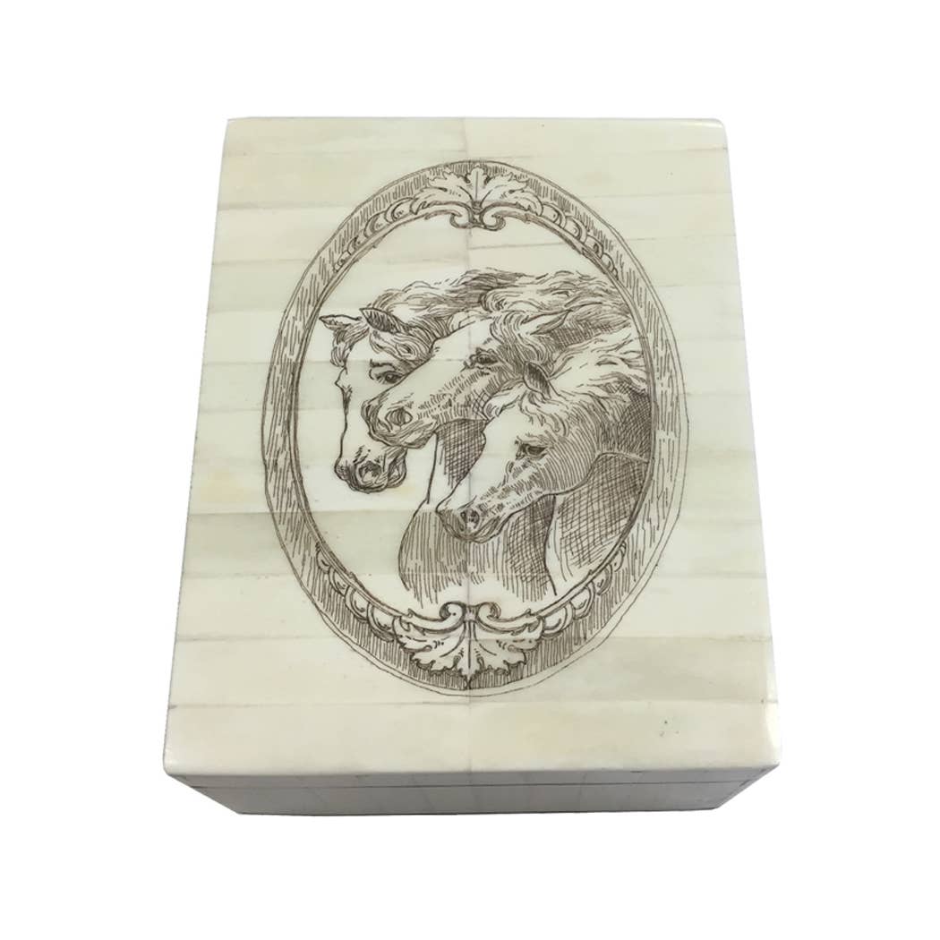 6-1/4" Three Horse Head Etched Scrimshaw Bone Box