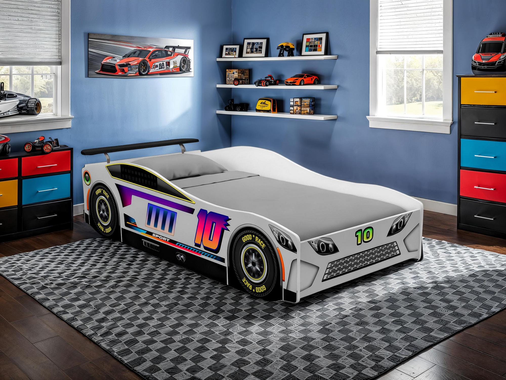 Twin Karsten Car Bed w/6" Memory Foam Mattress - White