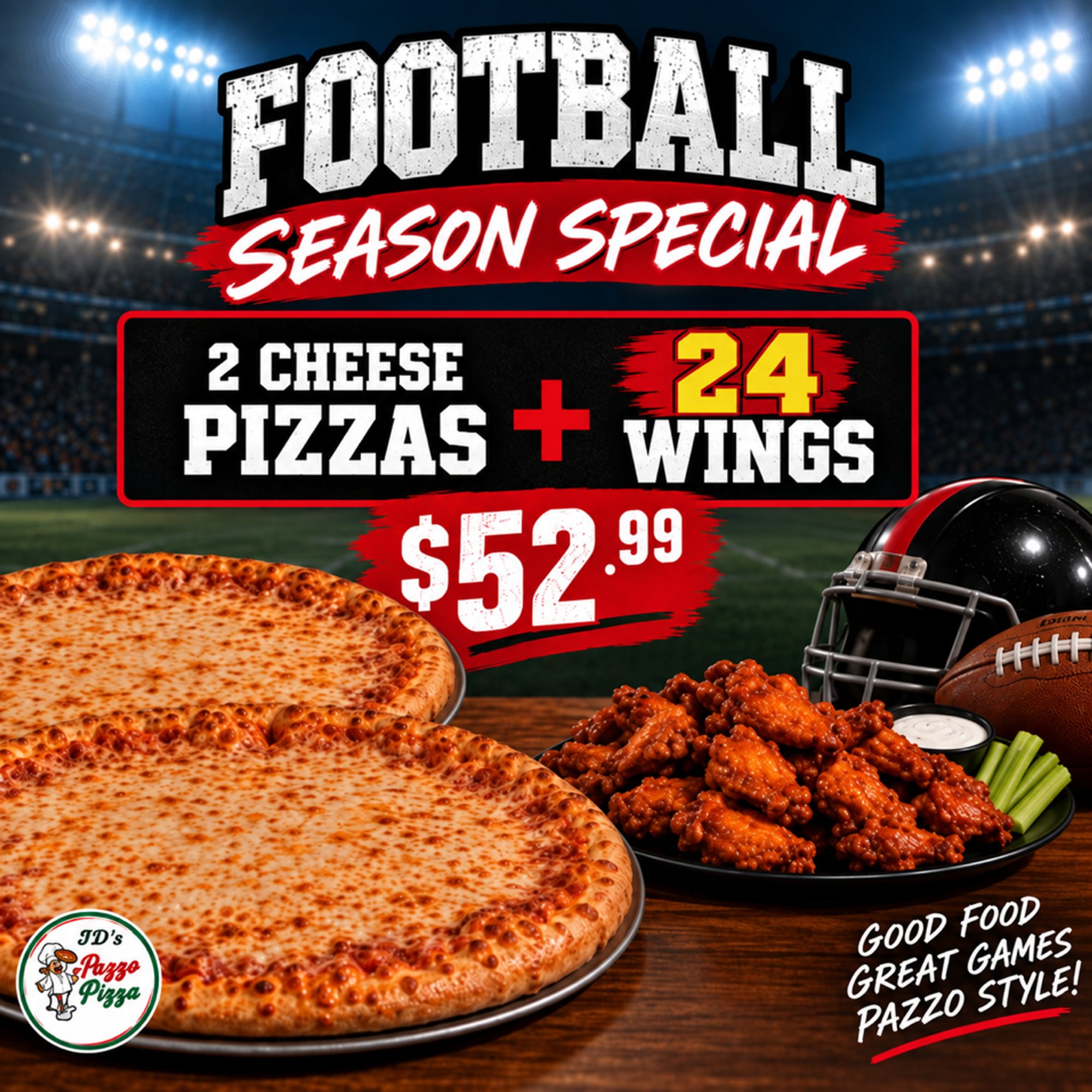 Football Season Special! 2 “16” pizzas+ 24 wings