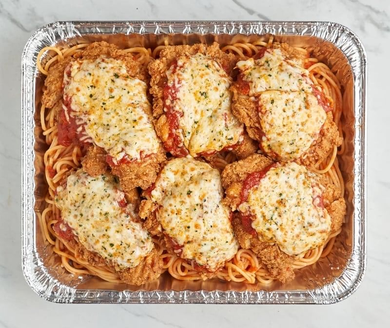 Family Chicken Parmigiana Over Spaghetti