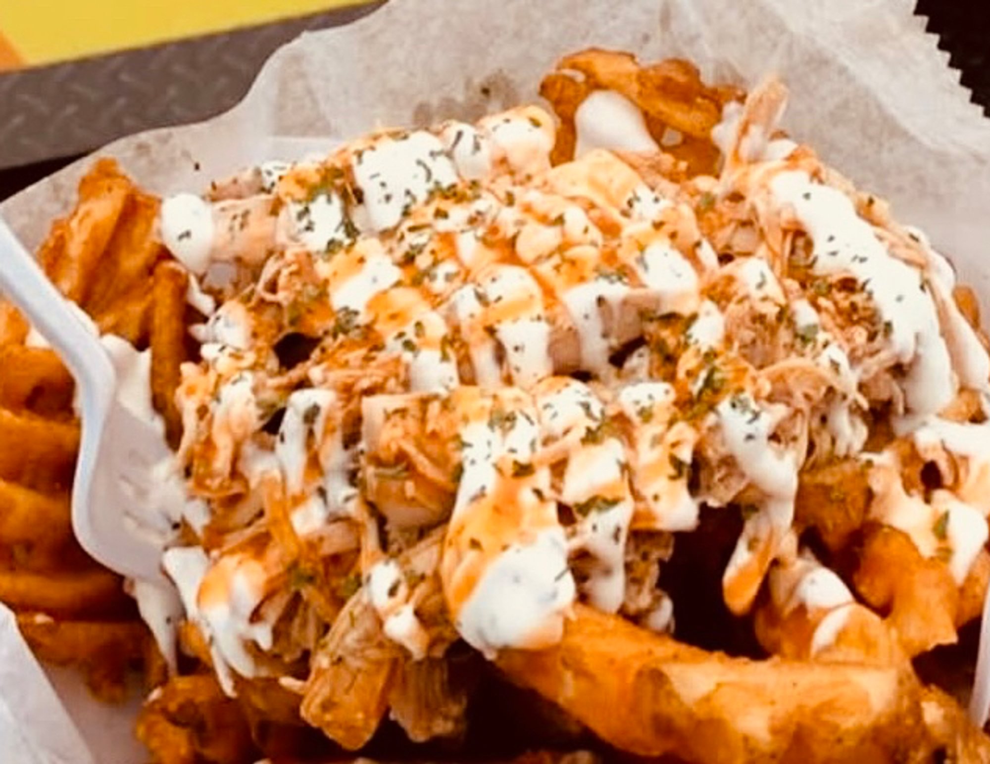Pulled Chicken Over Waffle Fries