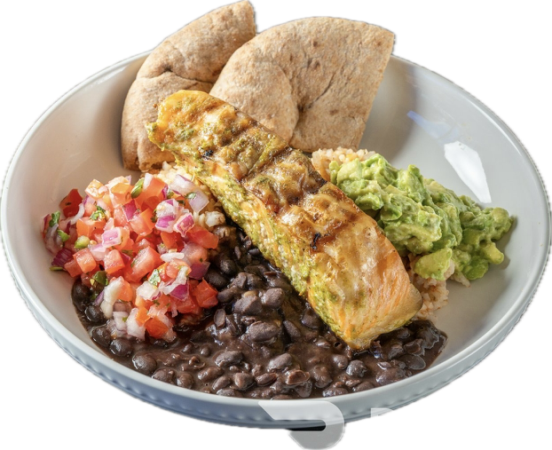 Grilled Salmon Bowl Entree, Black Beans, Avocado Hummus, Pico De Gallo 1/2 Pita
