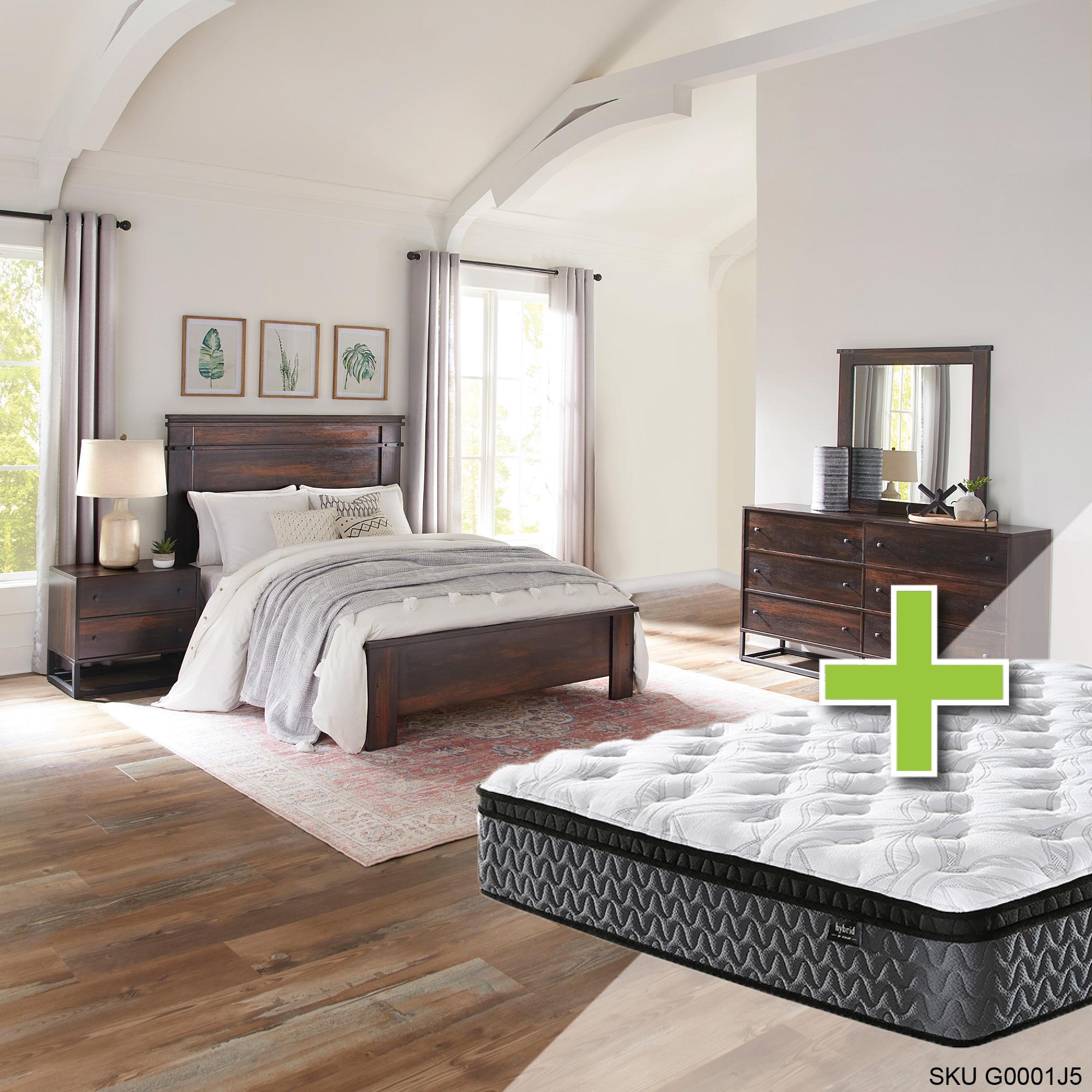 Queen Wallace Bed w/Highland Premium Pillowtop Plush Mattress & Chest, Dresser, Mirror, Nightstand