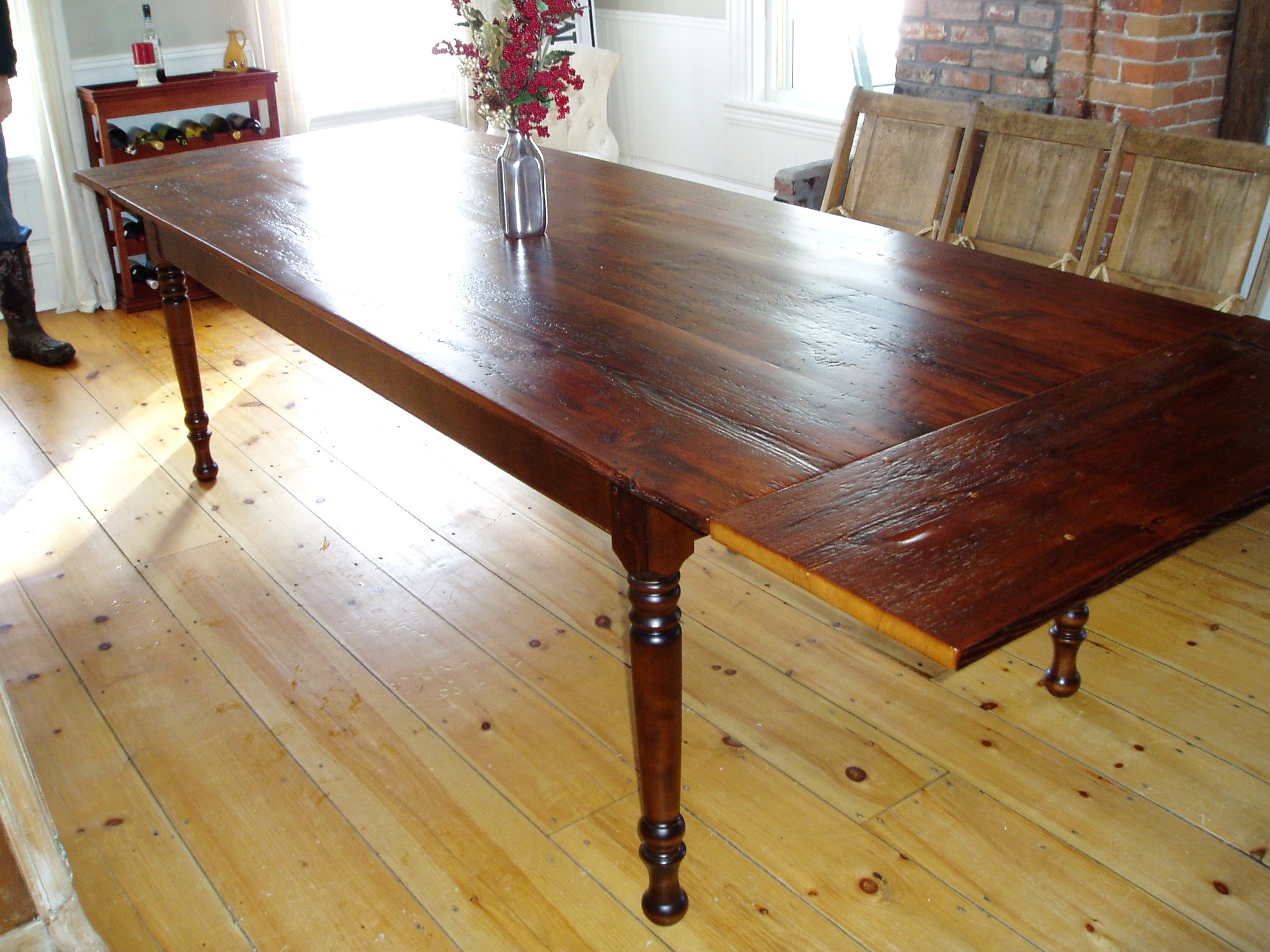 Handmade Farm Table( a.1 )  in Reclaimed Fir with Removable End Leaves, Tiger Maple Bread Board Ends ans Turned legs