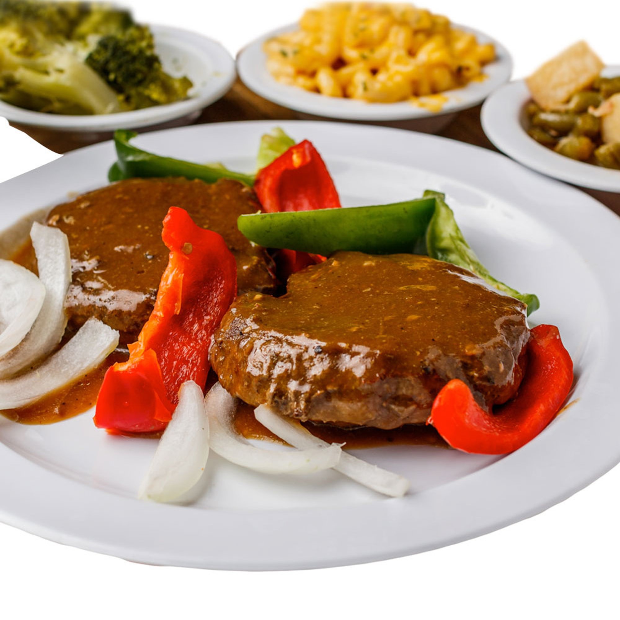 Hamburger Pepper Steak with Three Sides