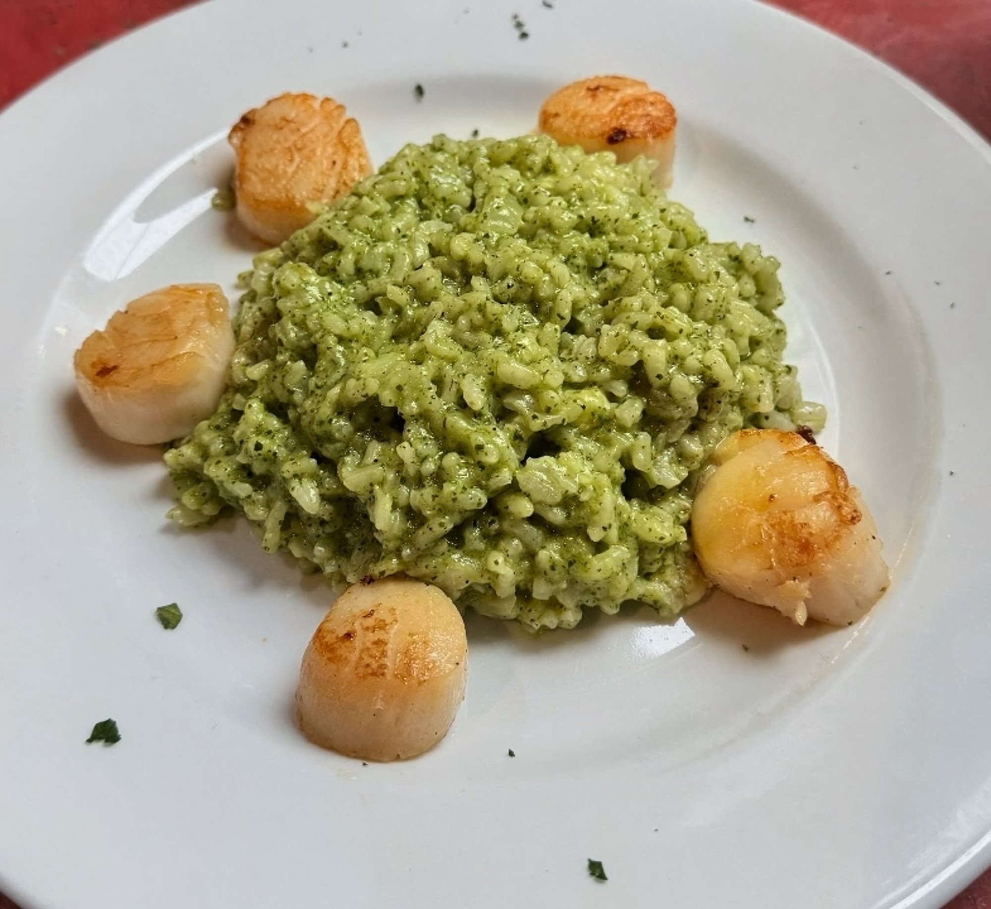 Pesto Risotto with Grilled Scallops