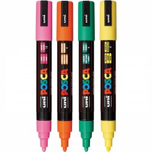 Uni POSCA - PC-5M Art Paint Markers - Set of 4 - in Plastic Wallet Pink, Orange, Green and Yellow